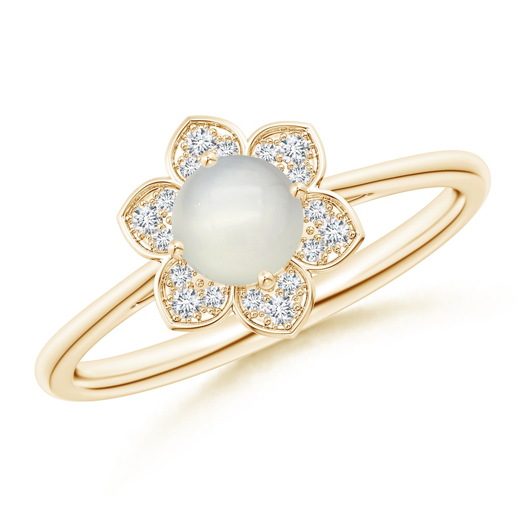 5mm AAA Round Moonstone Cocktail Ring with Floral Diamond Halo in Yellow Gold