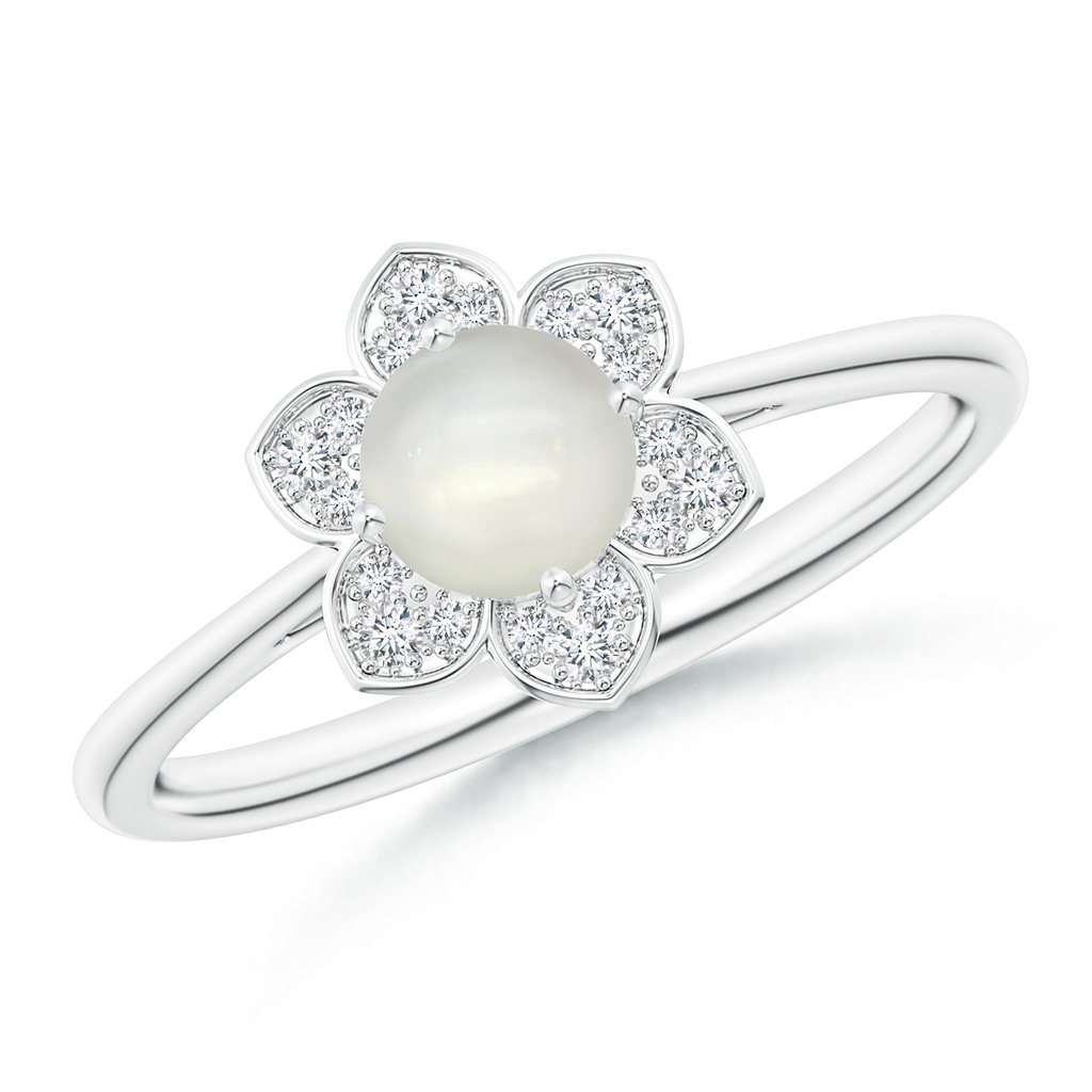 5mm AAAA Round Moonstone Cocktail Ring with Floral Diamond Halo in White Gold