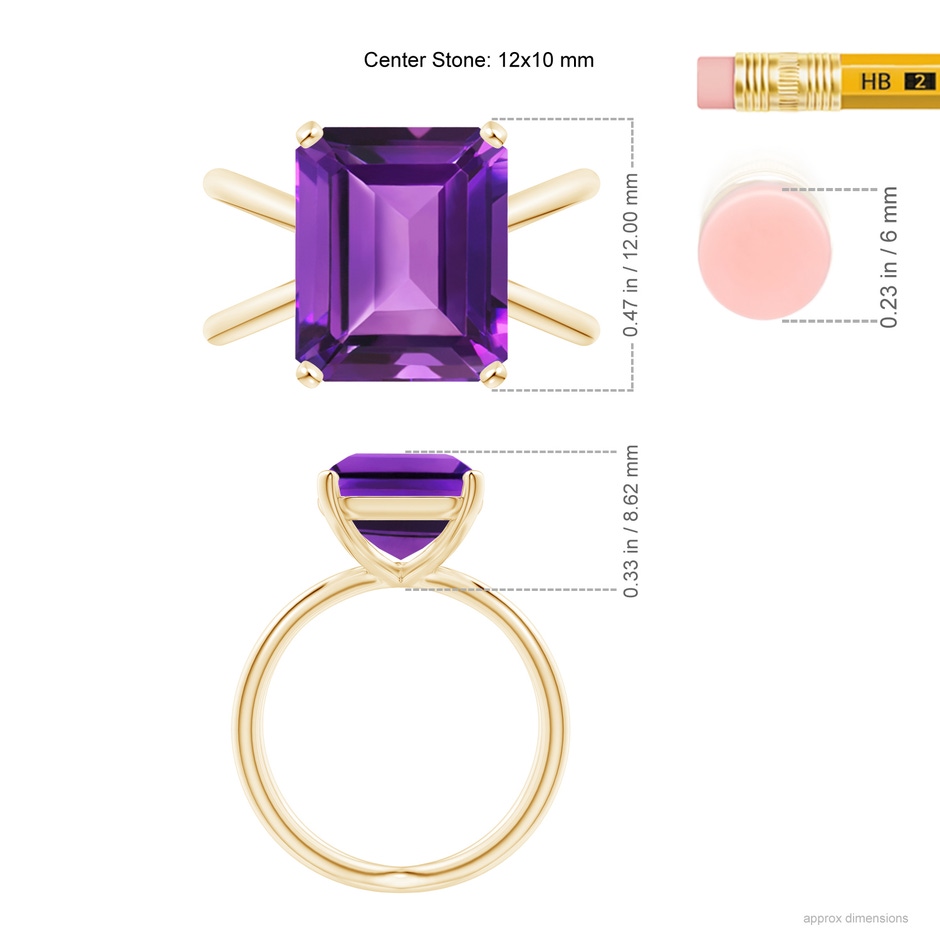 12x10mm AAAA Emerald-Cut Amethyst Criss-Cross Split Shank Cocktail Ring in Yellow Gold ruler