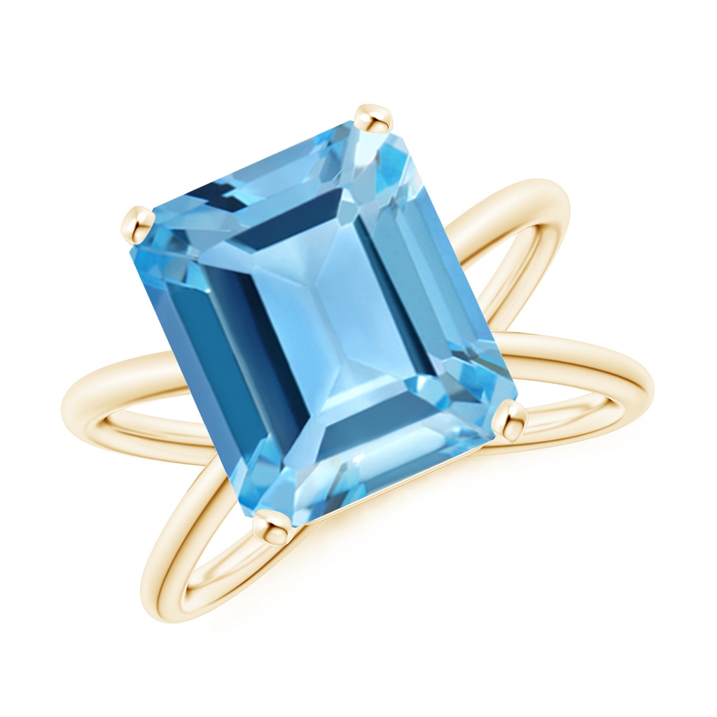 12x10mm AA Emerald-Cut Swiss Blue Topaz Criss-Cross Split Shank Ring in Yellow Gold 