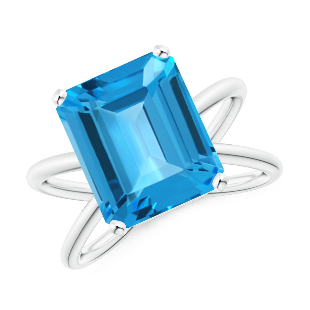 12x10mm AAA Emerald-Cut Swiss Blue Topaz Criss-Cross Split Shank Ring in White Gold