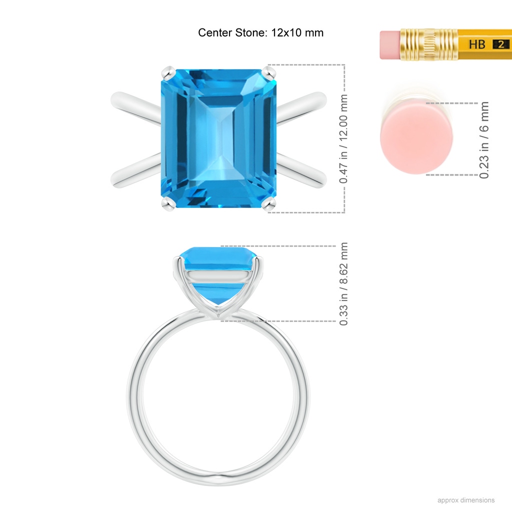 12x10mm AAA Emerald-Cut Swiss Blue Topaz Criss-Cross Split Shank Ring in White Gold Ruler