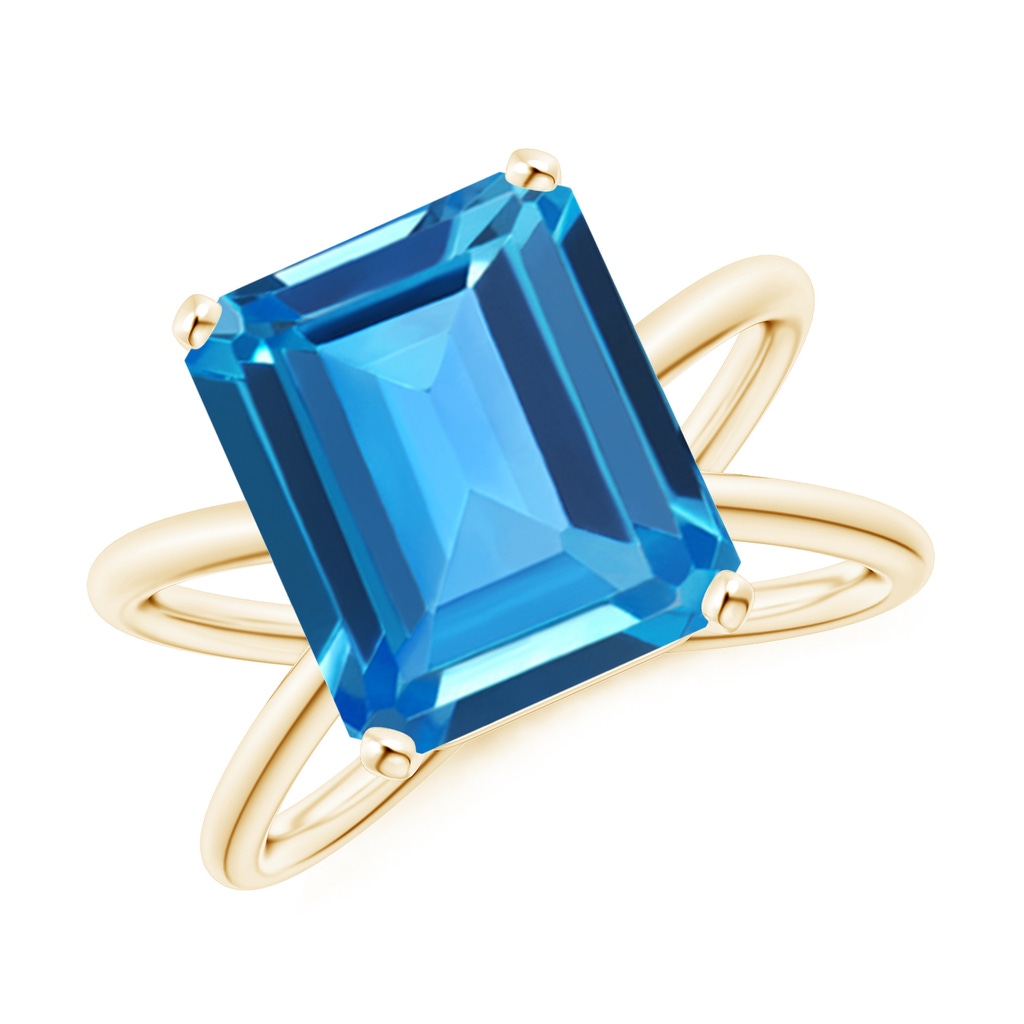 12x10mm AAAA Emerald-Cut Swiss Blue Topaz Criss-Cross Split Shank Ring in Yellow Gold