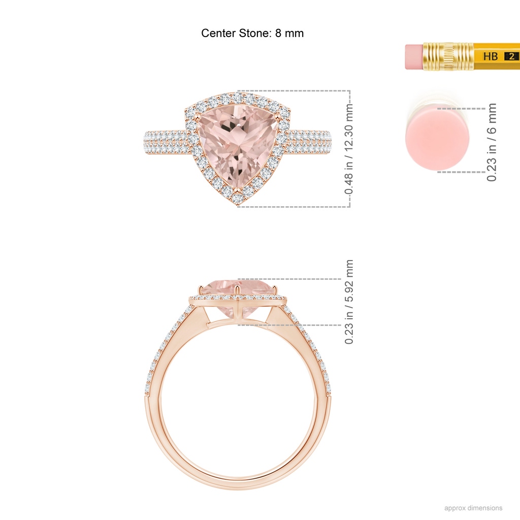 8mm A Trillion Morganite Cocktail Halo Ring with Diamond Accents in Rose Gold Ruler