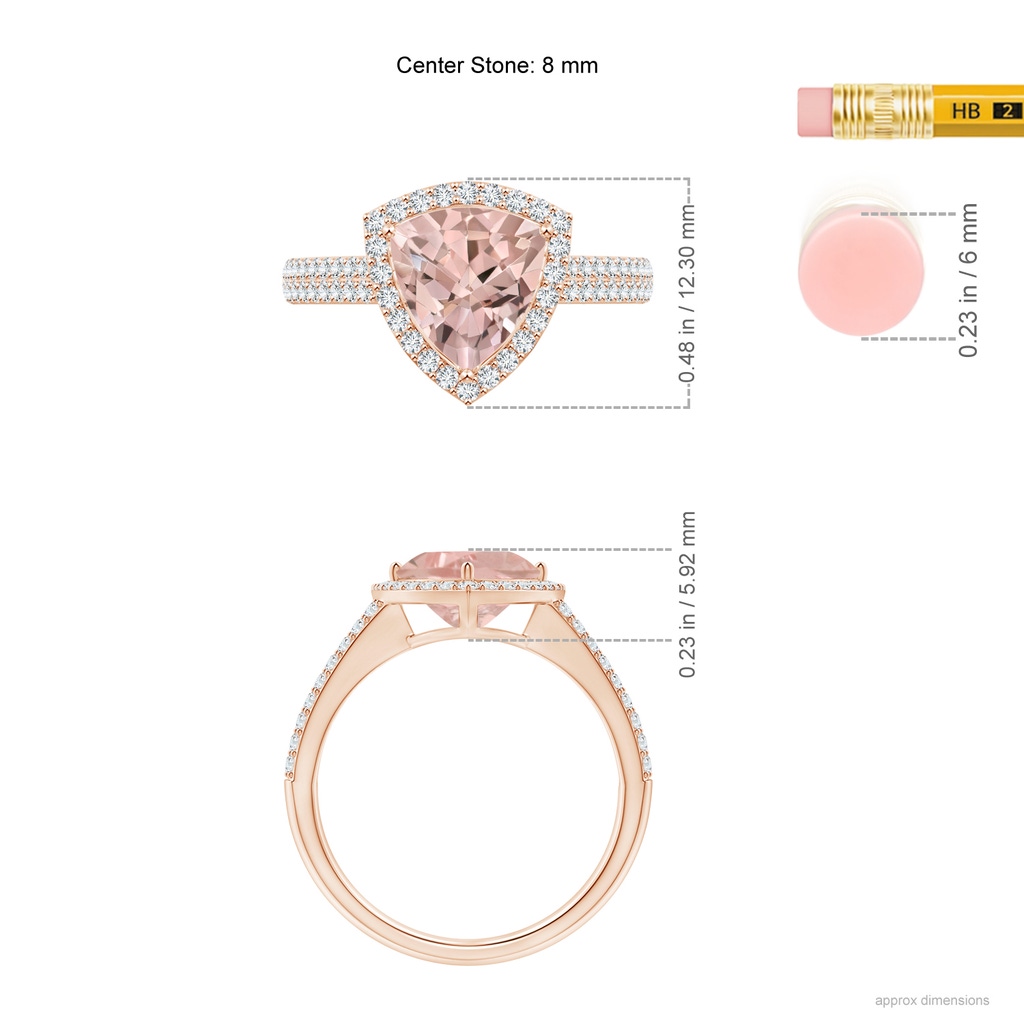 8mm AA Trillion Morganite Cocktail Halo Ring with Diamond Accents in Rose Gold Ruler