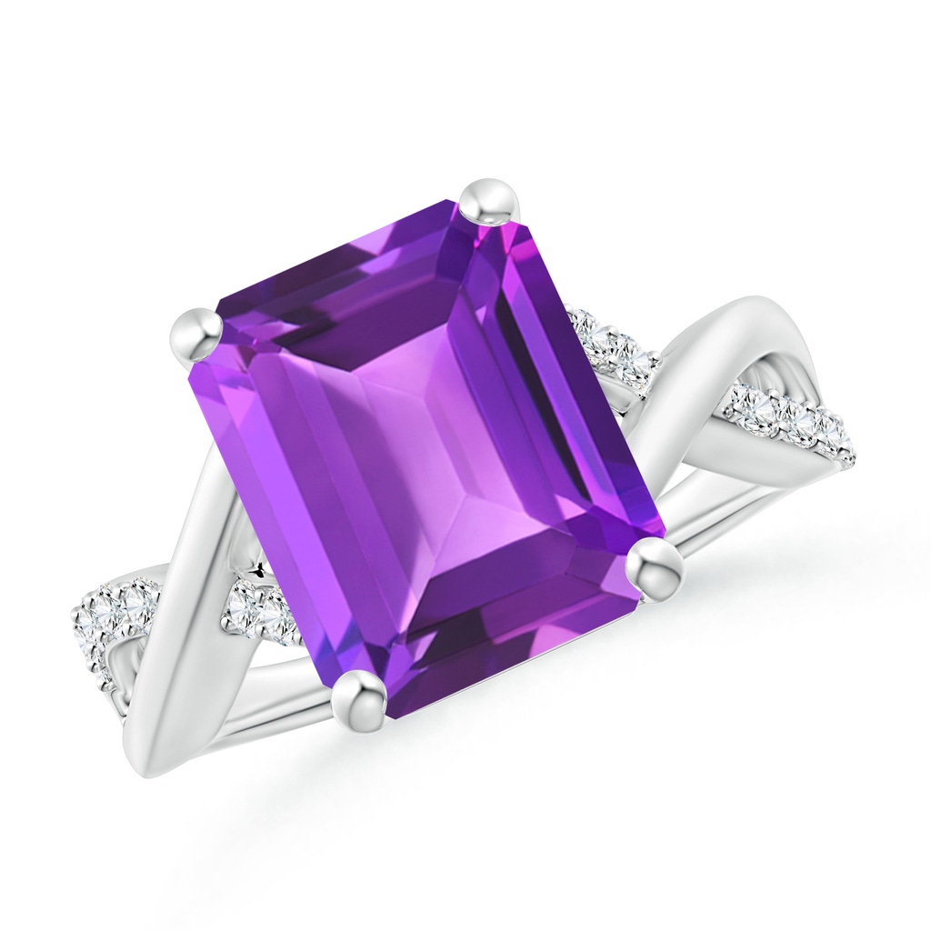 12x10mm AAA Emerald-Cut Amethyst Crossover Shank Cocktail Ring in White Gold