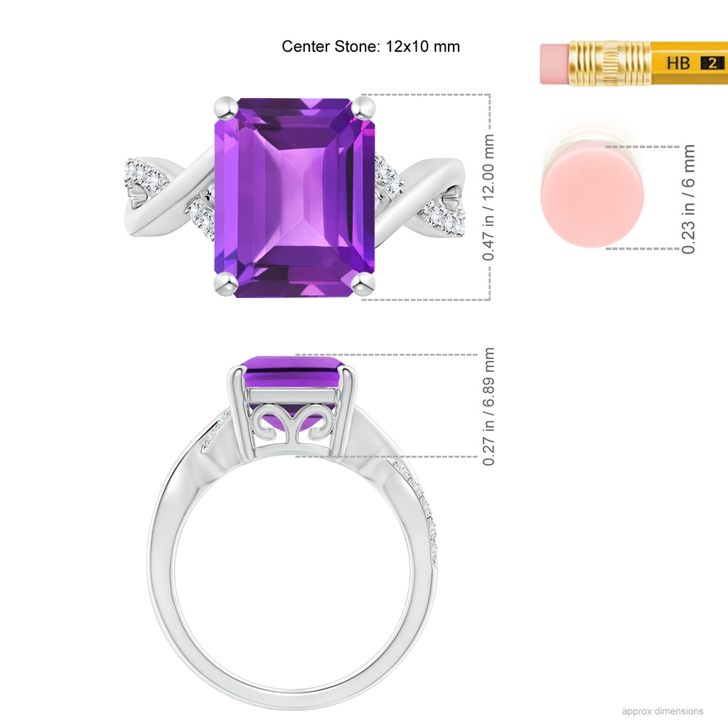 12x10mm AAA Emerald-Cut Amethyst Crossover Shank Cocktail Ring in White Gold Ruler