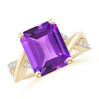 12x10mm AAA Emerald-Cut Amethyst Crossover Shank Cocktail Ring in Yellow Gold