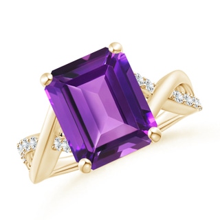 12x10mm AAAA Emerald-Cut Amethyst Crossover Shank Cocktail Ring in Yellow Gold