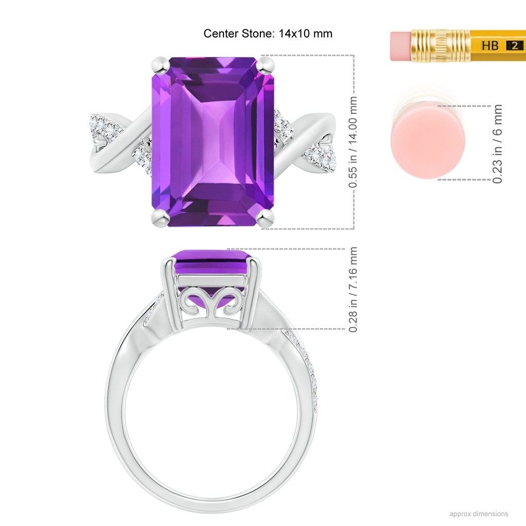 14x10mm AAA Emerald-Cut Amethyst Crossover Shank Cocktail Ring in White Gold Ruler