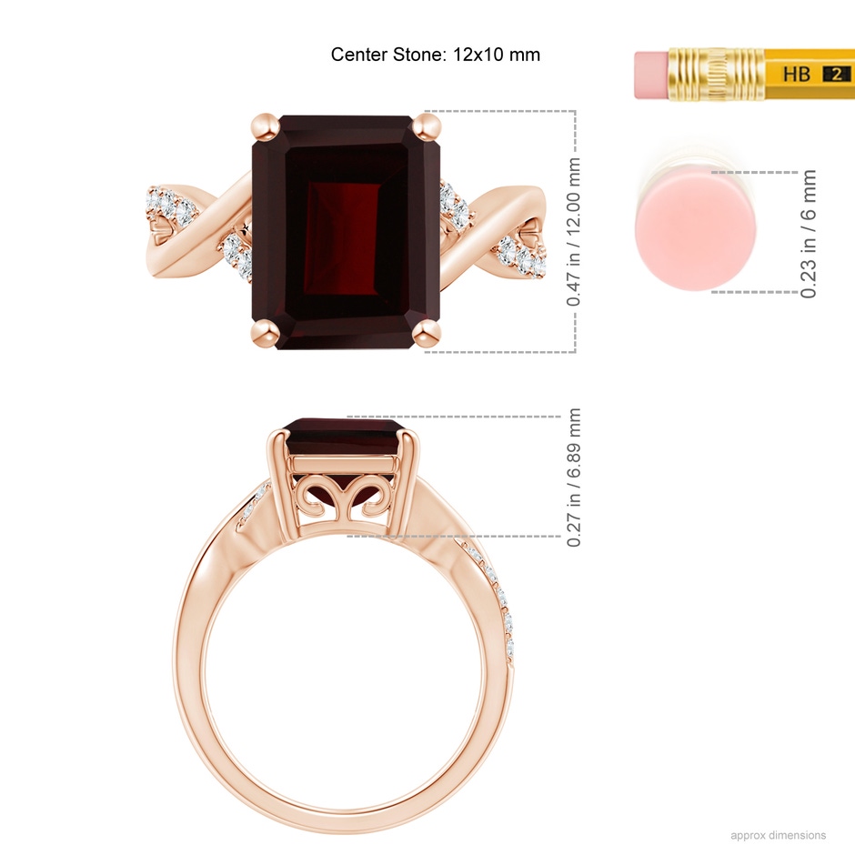 12x10mm A Emerald-Cut Garnet Crossover Shank Cocktail Ring in Rose Gold ruler