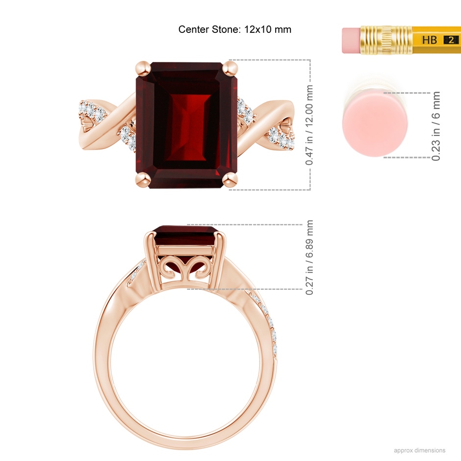 12x10mm AA Emerald-Cut Garnet Crossover Shank Cocktail Ring in Rose Gold ruler