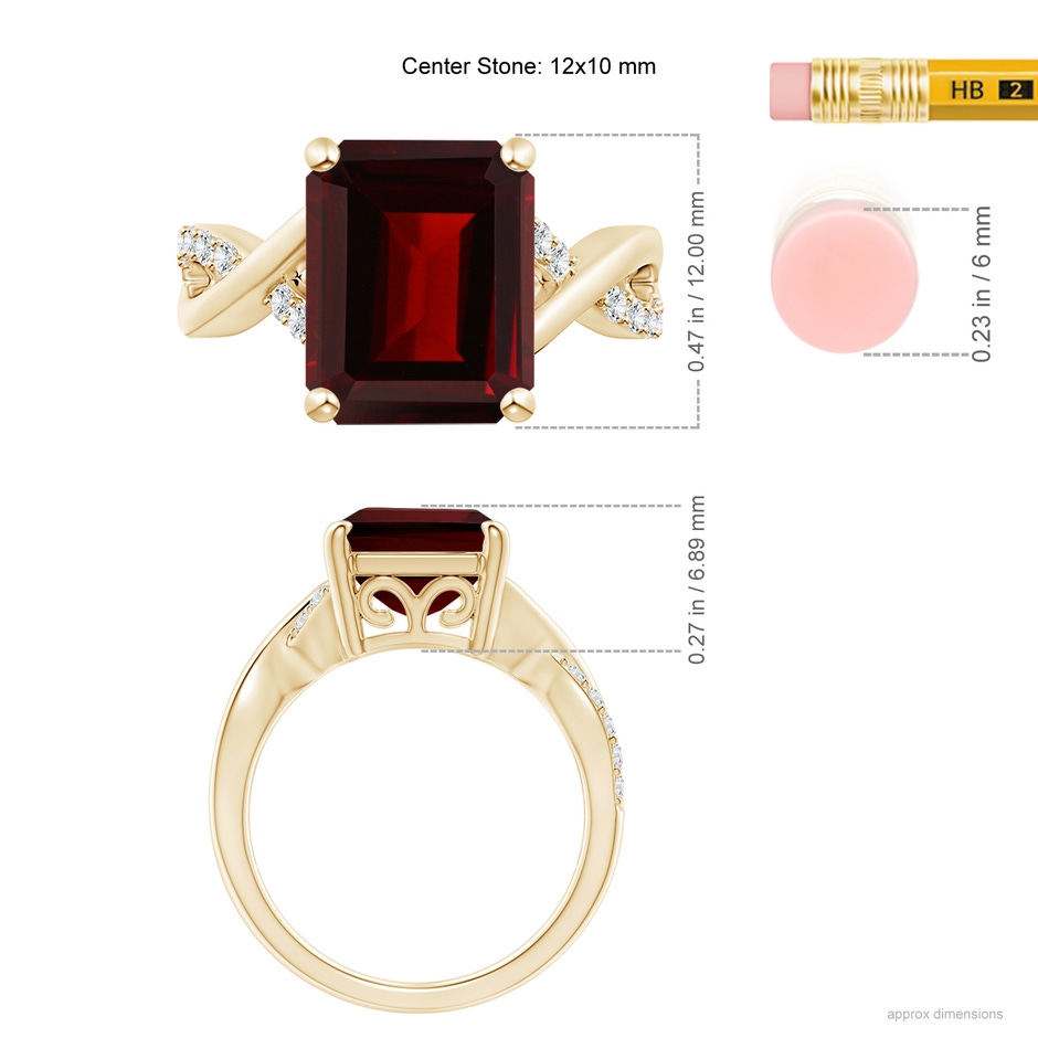 12x10mm AA Emerald-Cut Garnet Crossover Shank Cocktail Ring in Yellow Gold ruler