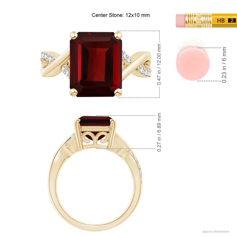 12x10mm AAA Emerald-Cut Garnet Crossover Shank Cocktail Ring in Yellow Gold ruler