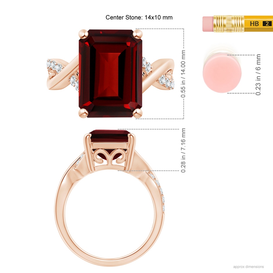 14x10mm AAAA Emerald-Cut Garnet Crossover Shank Cocktail Ring in Rose Gold ruler