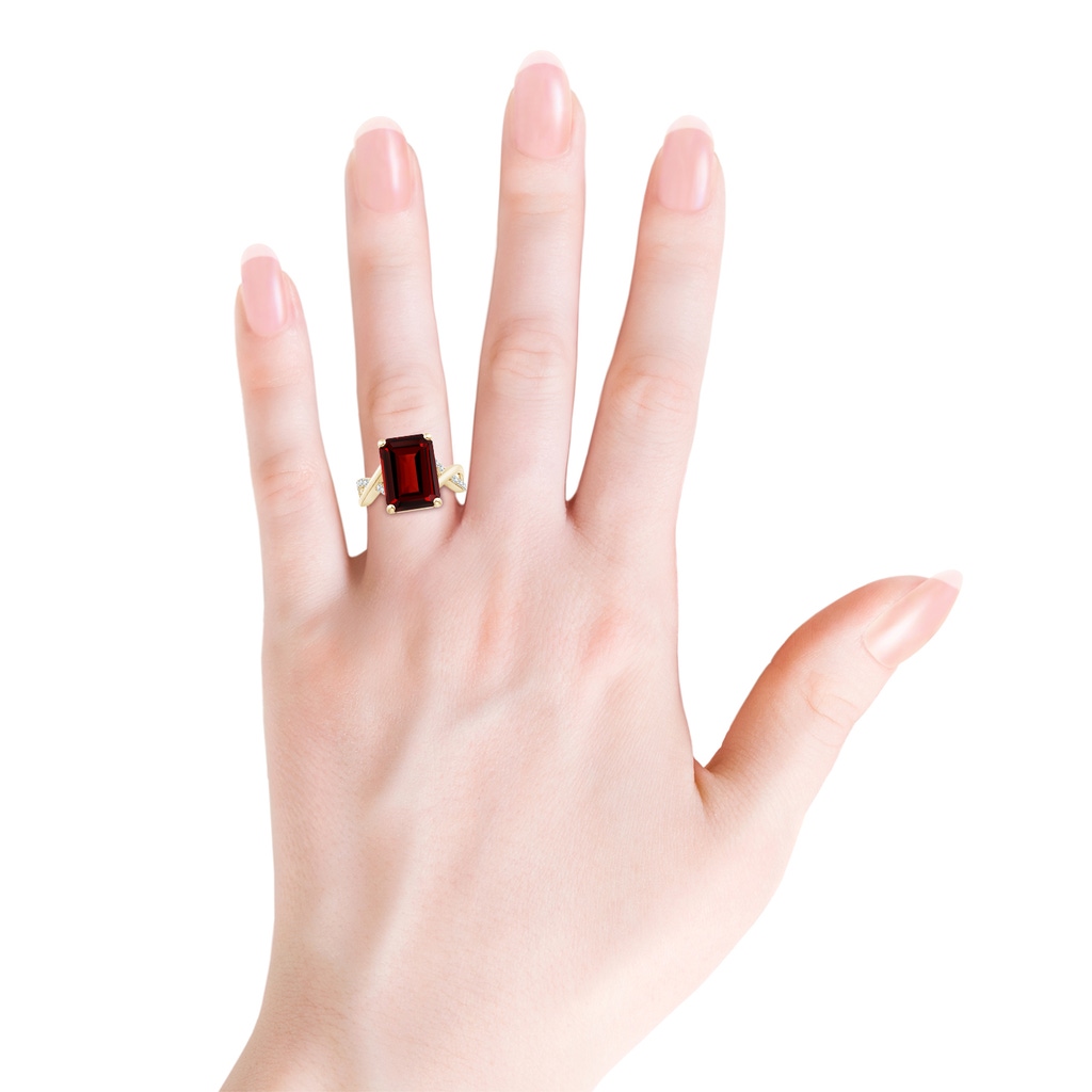 14x10mm AAAA Emerald-Cut Garnet Crossover Shank Cocktail Ring in Yellow Gold - body_hand