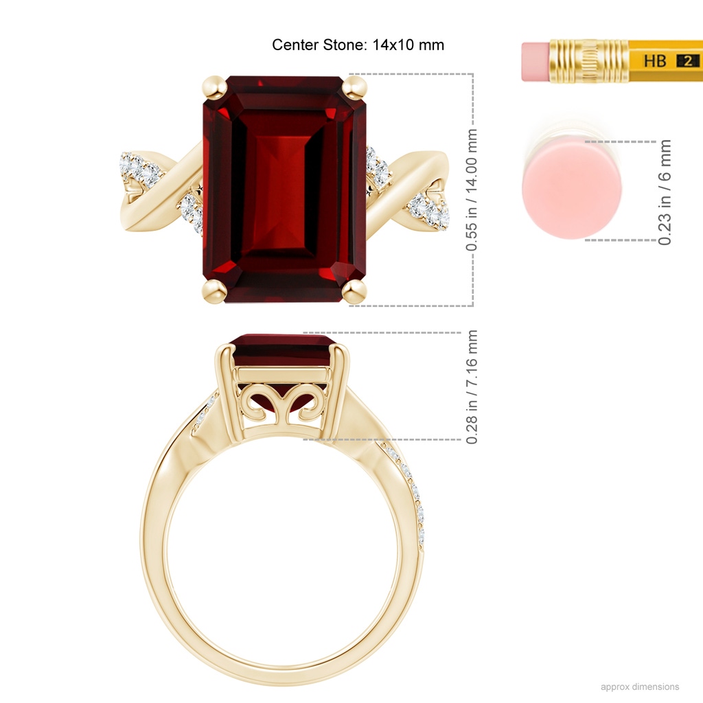 14x10mm AAAA Emerald-Cut Garnet Crossover Shank Cocktail Ring in Yellow Gold Ruler