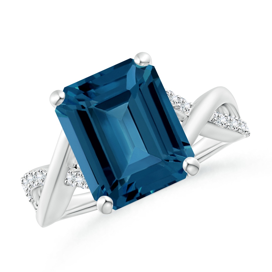 12x10mm AAA Emerald-Cut London Blue Topaz Crossover Shank Cocktail Ring in White Gold 