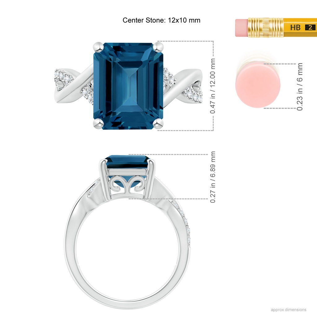 12x10mm AAA Emerald-Cut London Blue Topaz Crossover Shank Cocktail Ring in White Gold Ruler