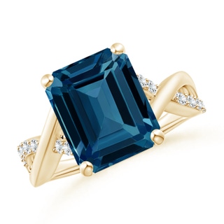 12x10mm AAAA Emerald-Cut London Blue Topaz Crossover Shank Cocktail Ring in Yellow Gold