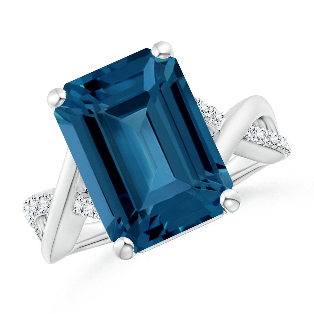 14x10mm AAA Emerald-Cut London Blue Topaz Crossover Shank Cocktail Ring in White Gold