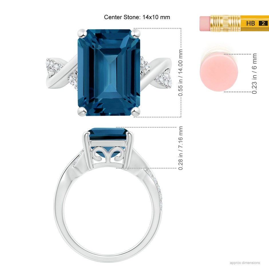 14x10mm AAA Emerald-Cut London Blue Topaz Crossover Shank Cocktail Ring in White Gold ruler