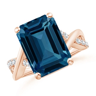 14x10mm AAAA Emerald-Cut London Blue Topaz Crossover Shank Cocktail Ring in Rose Gold