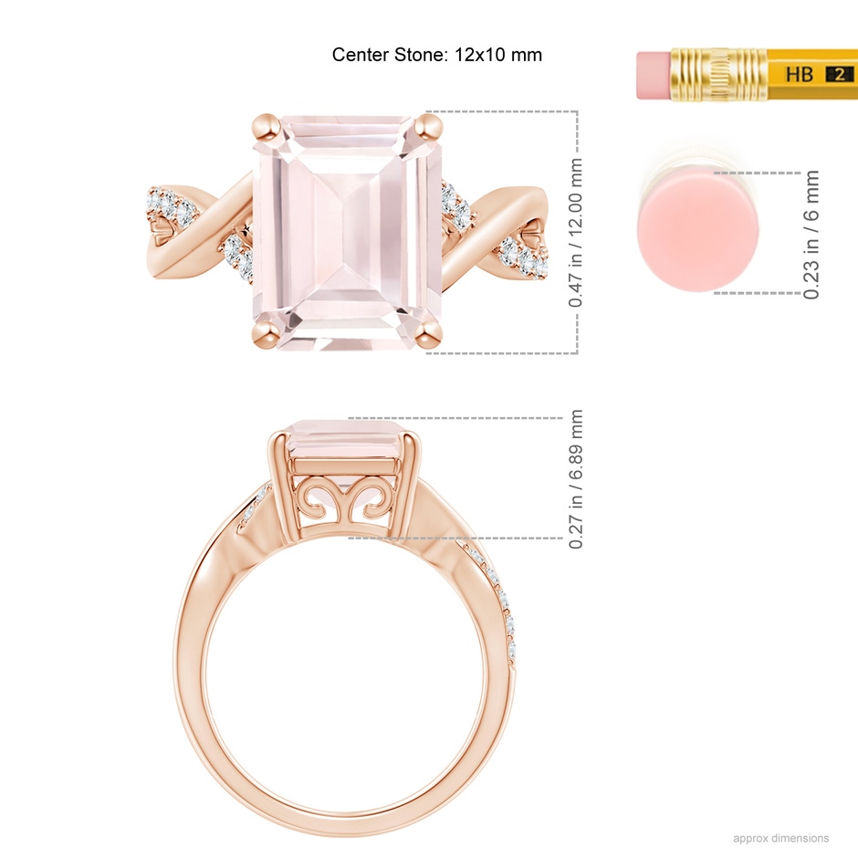 12x10mm A Emerald-Cut Morganite Crossover Shank Cocktail Ring in Rose Gold ruler
