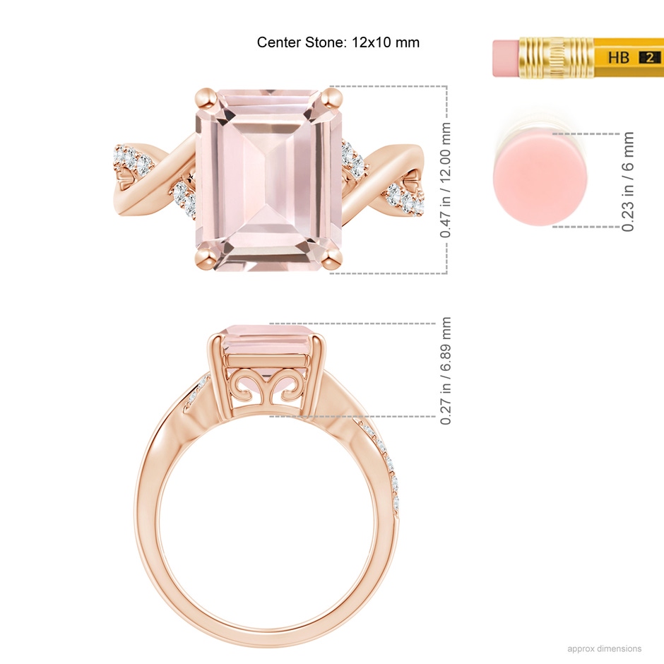 12x10mm AA Emerald-Cut Morganite Crossover Shank Cocktail Ring in Rose Gold ruler