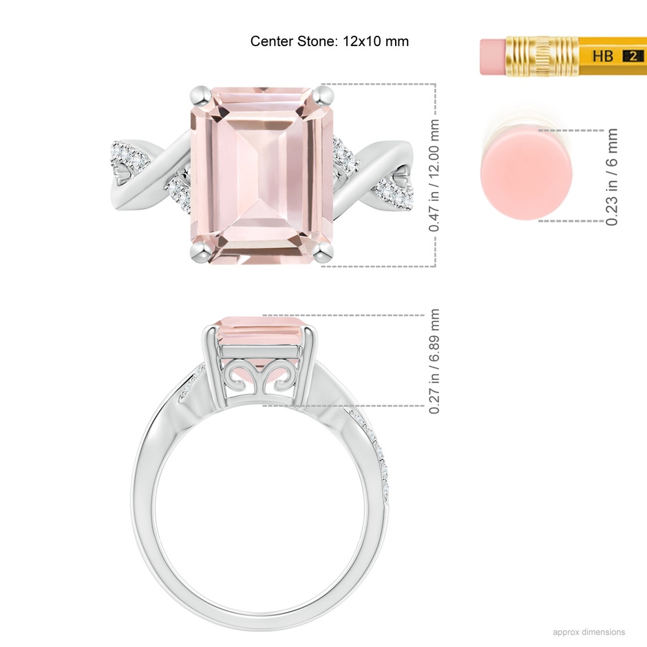 12x10mm AA Emerald-Cut Morganite Crossover Shank Cocktail Ring in White Gold ruler