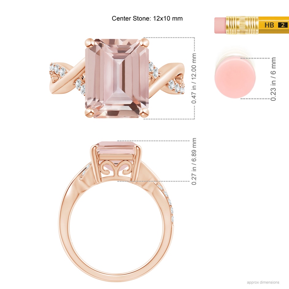 12x10mm AAA Emerald-Cut Morganite Crossover Shank Cocktail Ring in Rose Gold ruler