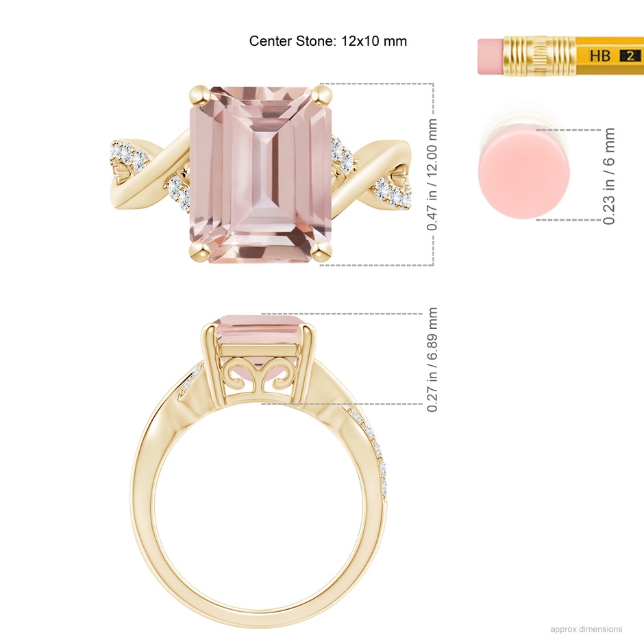 12x10mm AAA Emerald-Cut Morganite Crossover Shank Cocktail Ring in Yellow Gold ruler