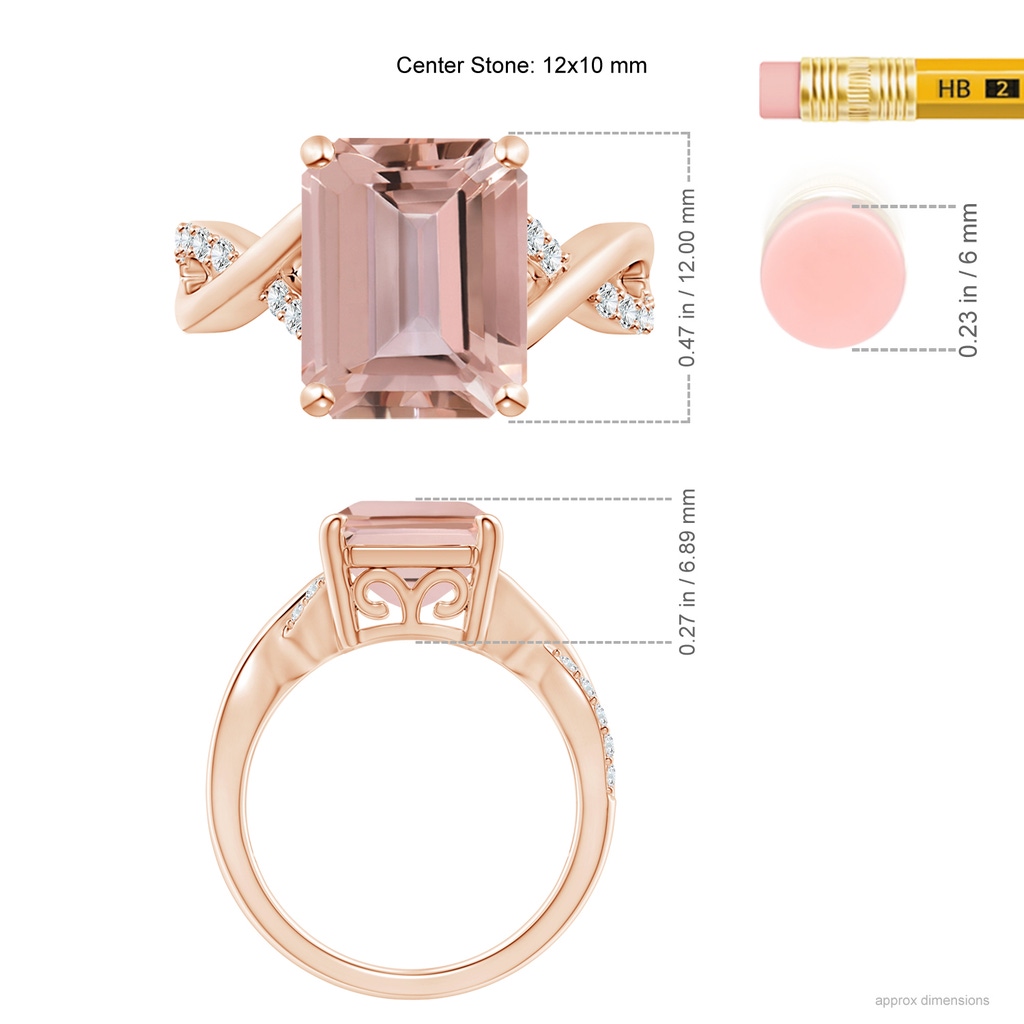12x10mm AAAA Emerald-Cut Morganite Crossover Shank Cocktail Ring in Rose Gold Ruler