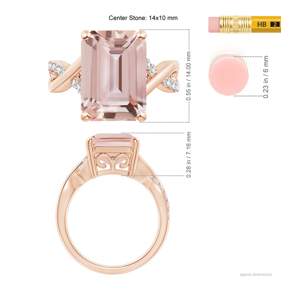 14x10mm AAA Emerald-Cut Morganite Crossover Shank Cocktail Ring in Rose Gold ruler