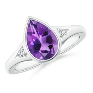 10x7mm AAA Bezel-Set Pear-Shaped Amethyst Ring with Diamonds in White Gold