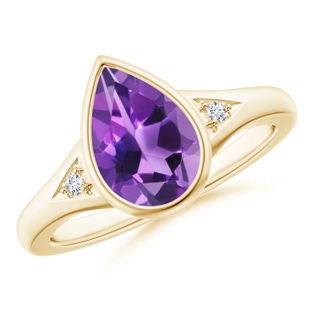 10x7mm AAA Bezel-Set Pear-Shaped Amethyst Ring with Diamonds in Yellow Gold