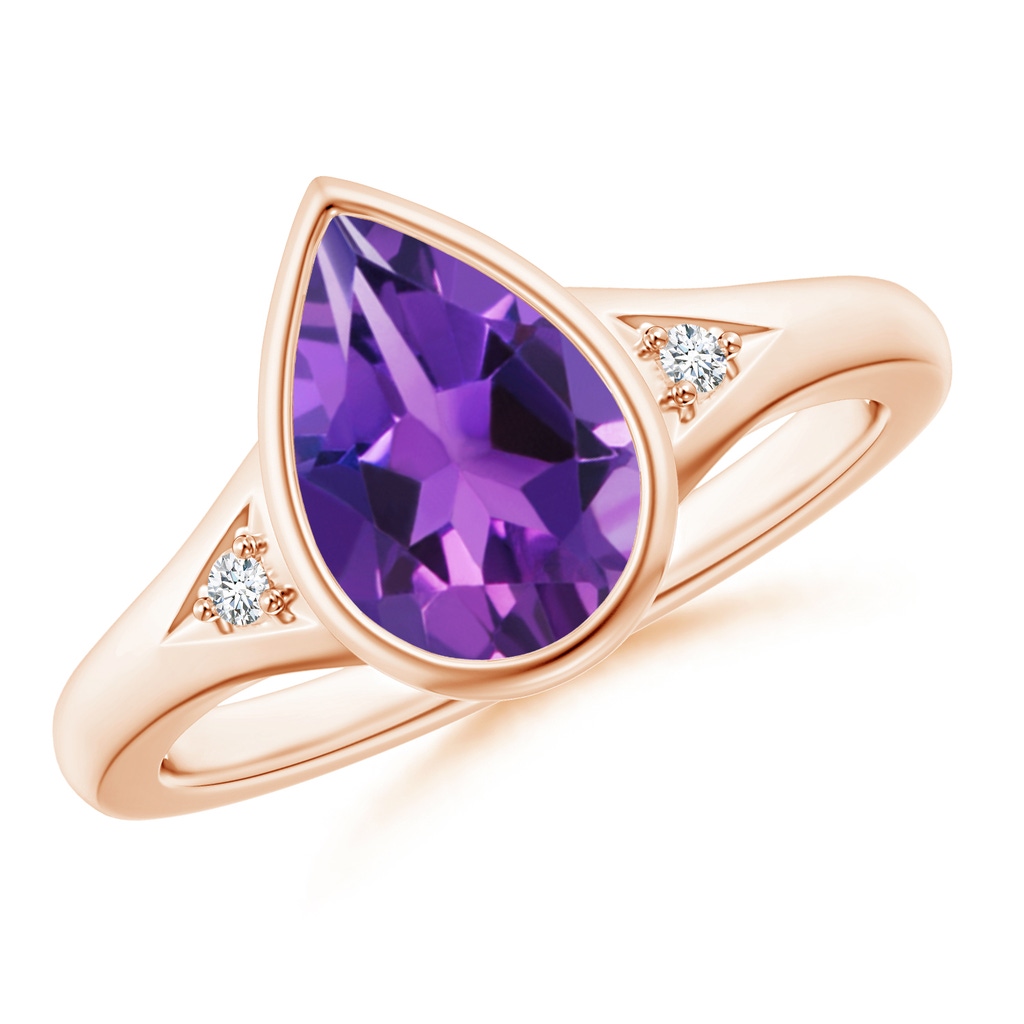 10x7mm AAAA Bezel-Set Pear-Shaped Amethyst Ring with Diamonds in Rose Gold
