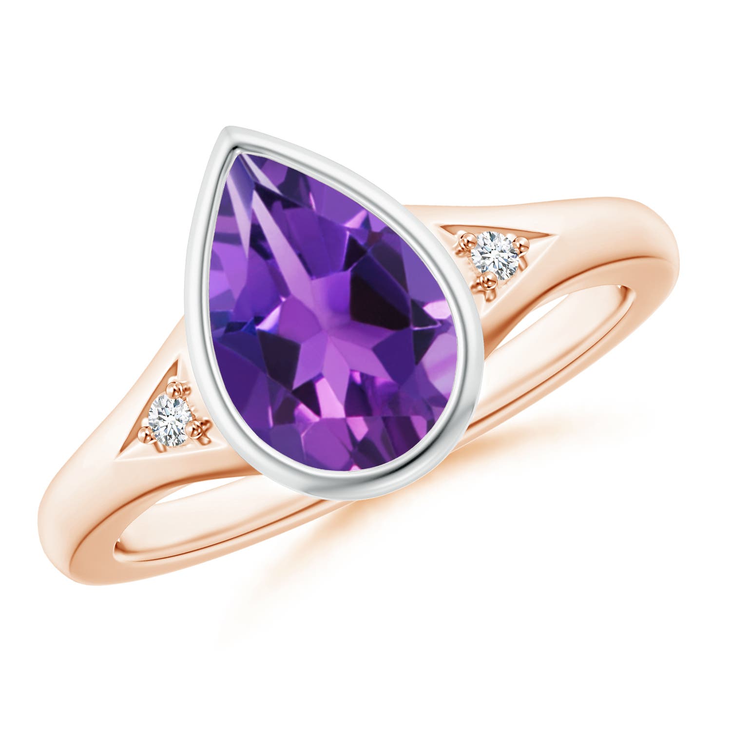 10x7mm AAAA Bezel-Set Pear-Shaped Amethyst Ring with Diamonds in Rose Gold White Gold
