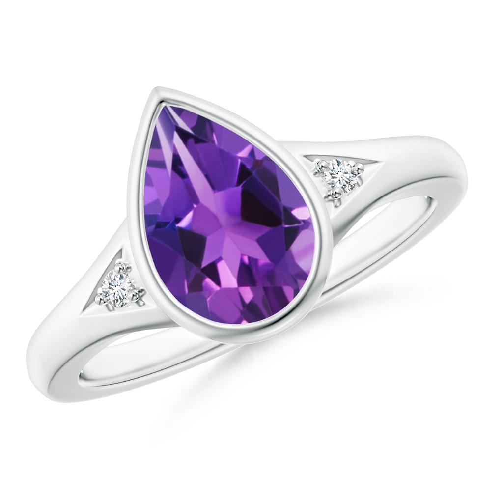 10x7mm AAAA Bezel-Set Pear-Shaped Amethyst Ring with Diamonds in White Gold
