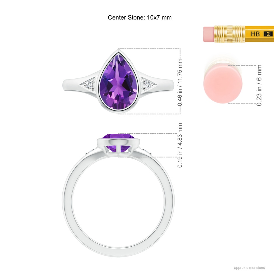 10x7mm AAAA Bezel-Set Pear-Shaped Amethyst Ring with Diamonds in White Gold ruler