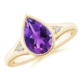 10x7mm AAAA Bezel-Set Pear-Shaped Amethyst Ring with Diamonds in Yellow Gold