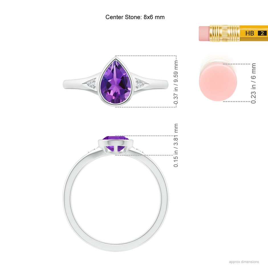 8x6mm AAAA Bezel-Set Pear-Shaped Amethyst Ring with Diamonds in White Gold ruler