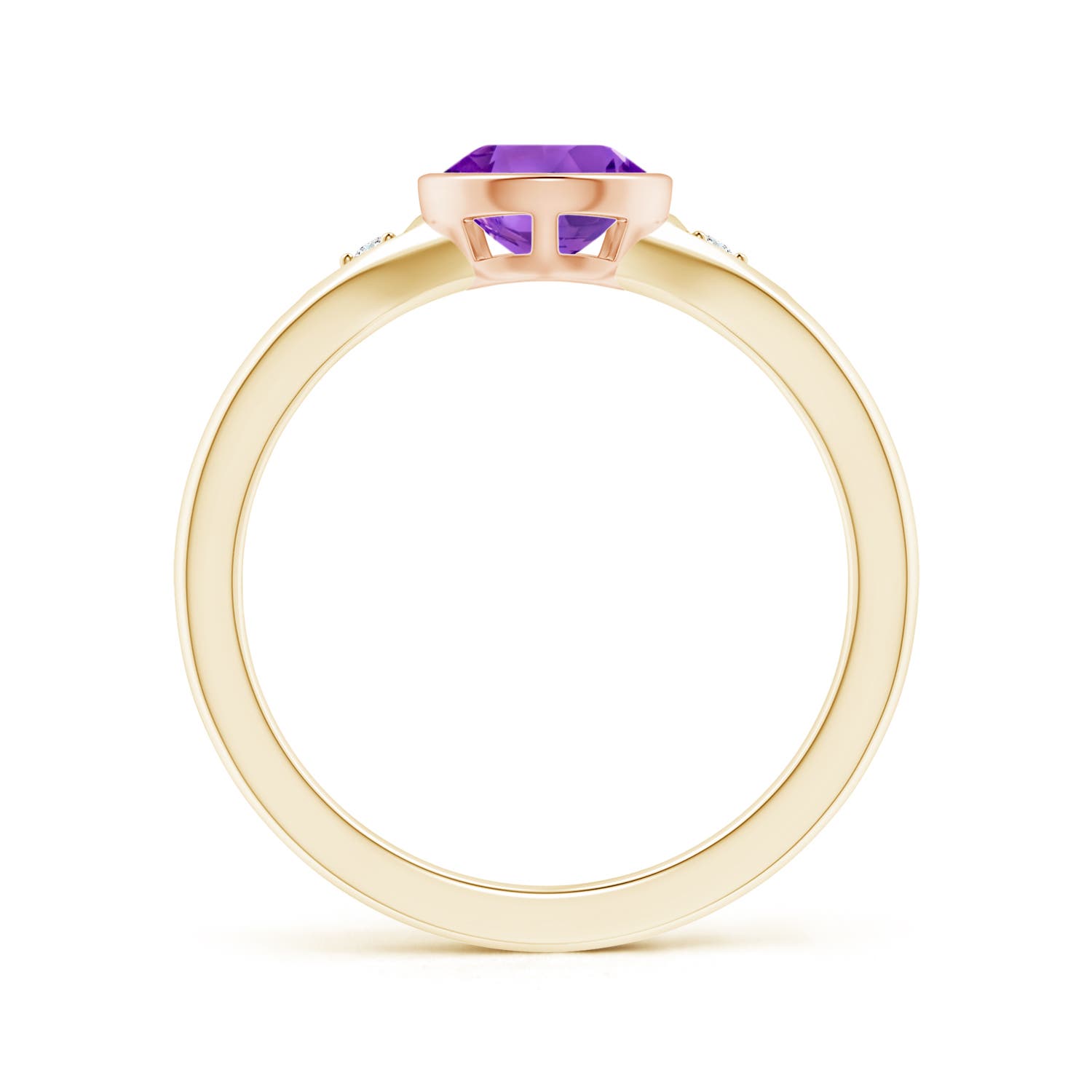 9x6mm AAA Bezel-Set Pear-Shaped Amethyst Ring with Diamonds in Yellow Gold Rose Gold - side 1