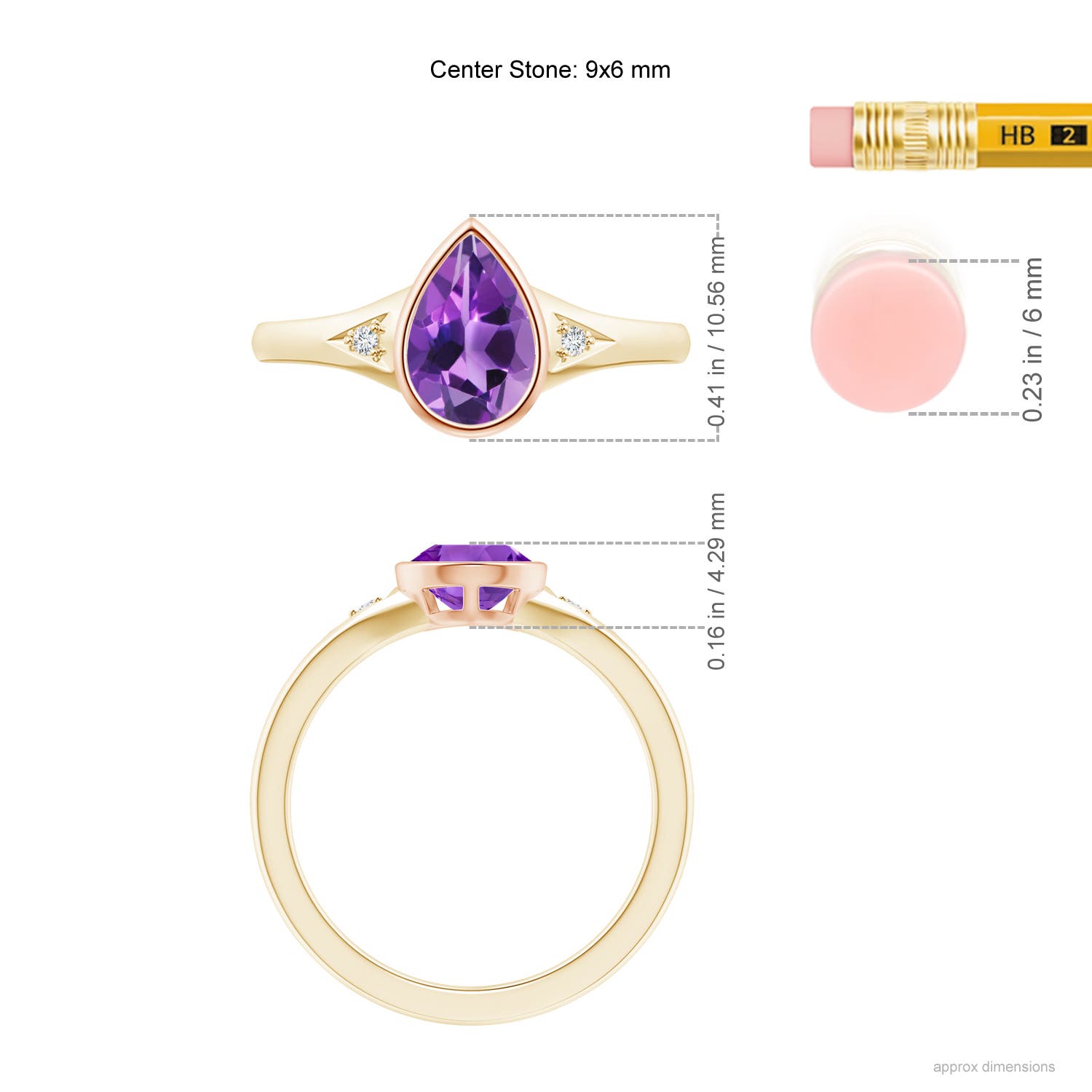 9x6mm AAA Bezel-Set Pear-Shaped Amethyst Ring with Diamonds in Yellow Gold Rose Gold - ruler