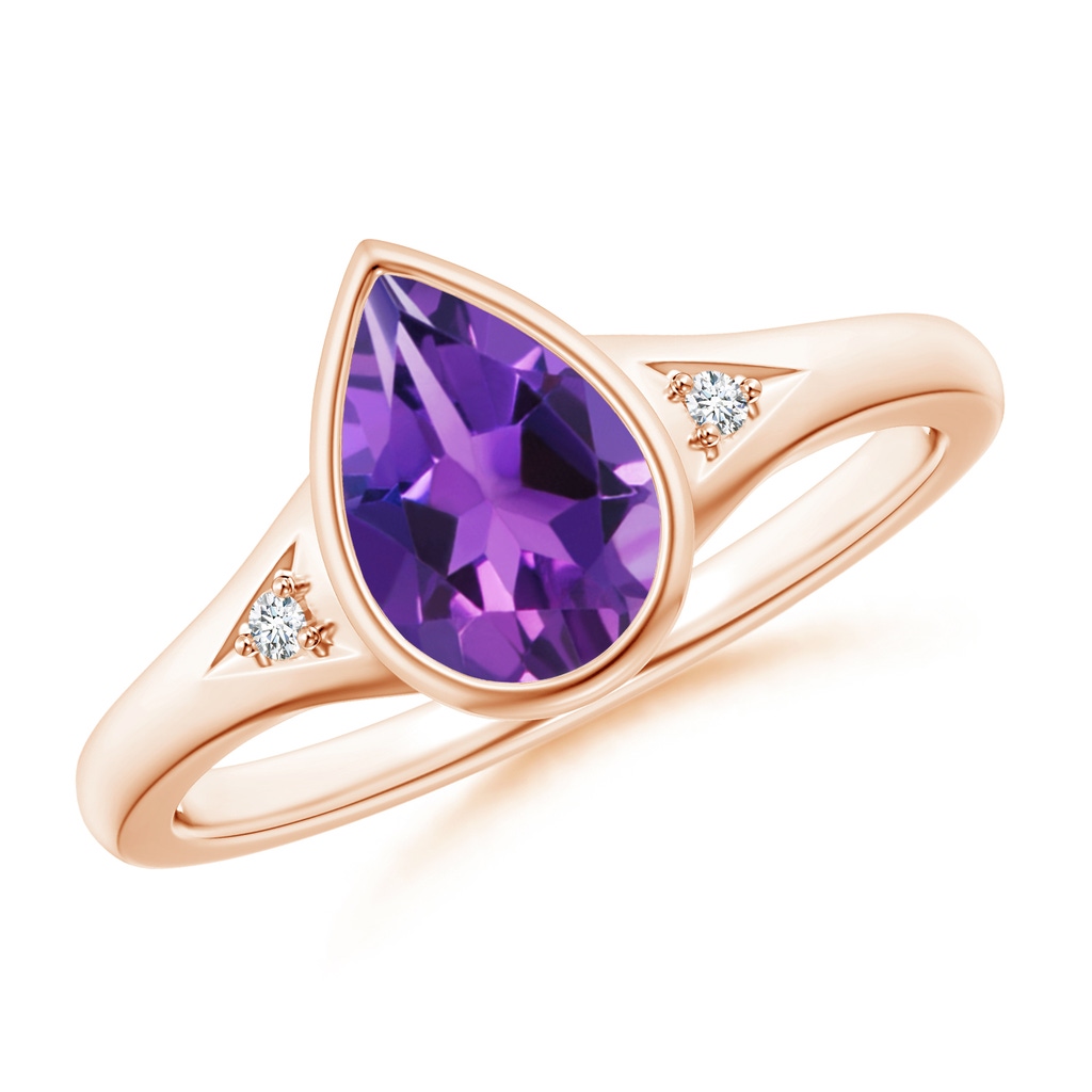 9x6mm AAAA Bezel-Set Pear-Shaped Amethyst Ring with Diamonds in Rose Gold