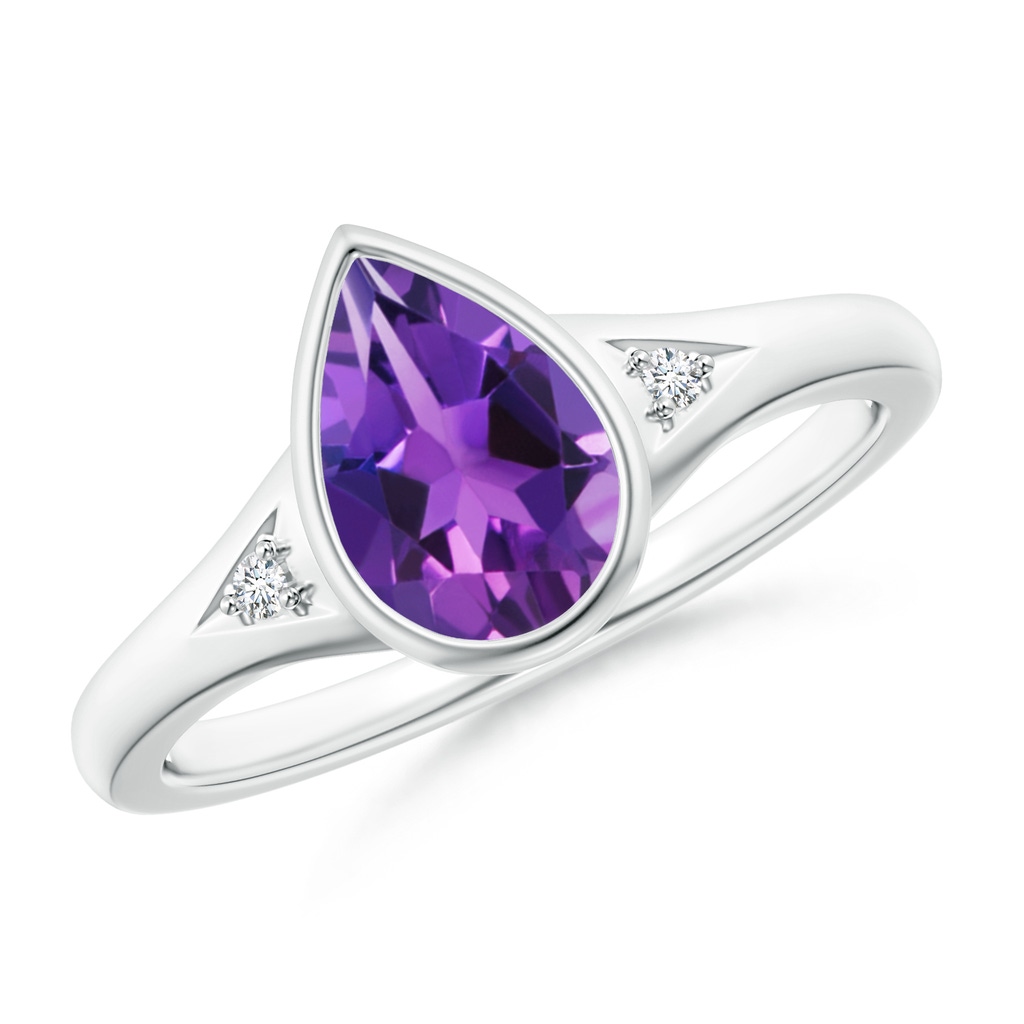 9x6mm AAAA Bezel-Set Pear-Shaped Amethyst Ring with Diamonds in White Gold