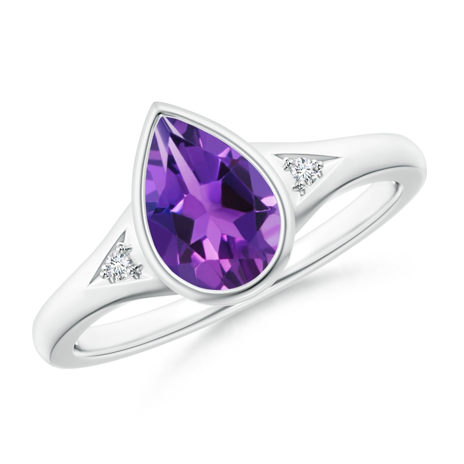 9x6mm AAAA Bezel-Set Pear-Shaped Amethyst Ring with Diamonds in White Gold 