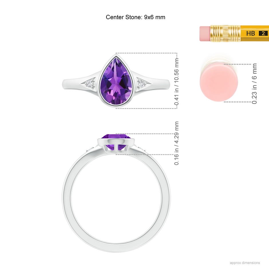 9x6mm AAAA Bezel-Set Pear-Shaped Amethyst Ring with Diamonds in White Gold ruler