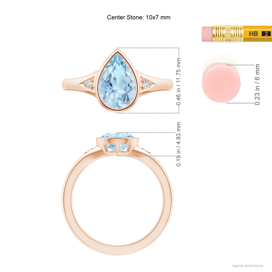 10x7mm AAA Bezel-Set Pear-Shaped Aquamarine Ring with Diamonds in Rose Gold ruler
