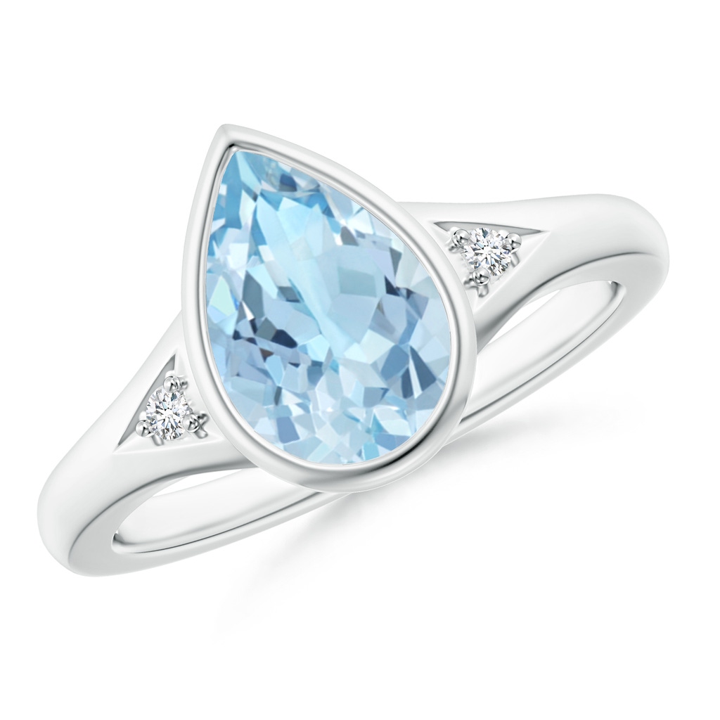 10x7mm AAA Bezel-Set Pear-Shaped Aquamarine Ring with Diamonds in White Gold